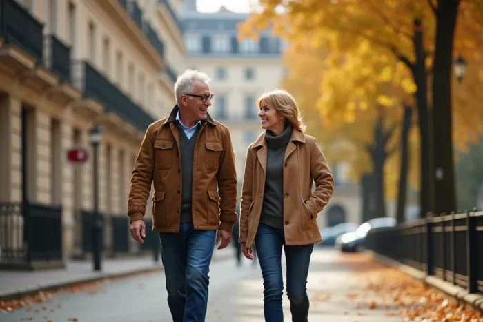 Couple se promenant bras dessus bras dessous sur un boulevard parisien en automne, feuilles dorées et façades haussmanniennes
