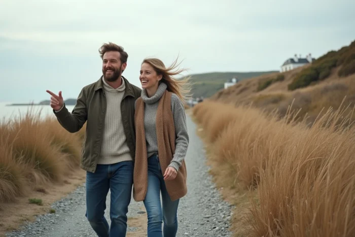 Couple se promenant sur un sentier côtier en automne près de leur résidence principale au bord de la mer