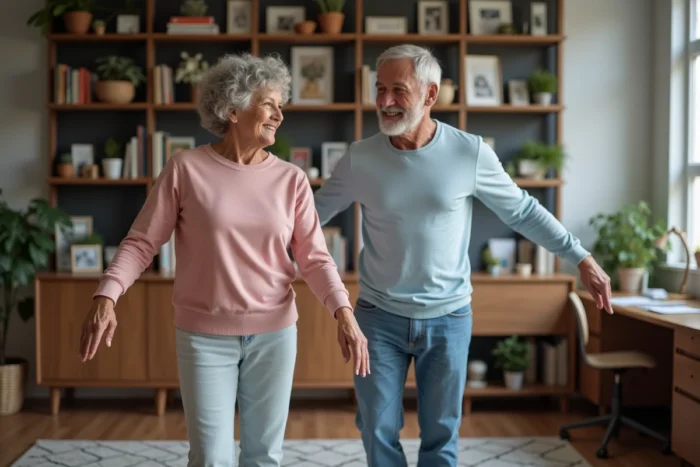 Couple de seniors pratiquant des exercices d'équilibre debout ensemble dans leur bureau à domicile, activité physique douce pour personnes âgées en bonne santé