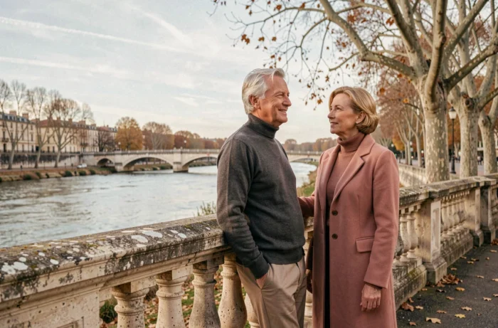 Couple de septuagénaires appuyé contre une balustrade en pierre face à un paysage fluvial en automne, homme au col roulé et femme au manteau rose poudré contemplant la rivière