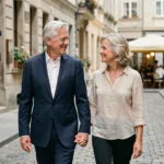 Couple élégant dans la soixantaine marchant main dans la main dans une rue pavée européenne, homme aux cheveux argentés et femme aux cheveux blonds cendrés souriants