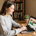 Jeune femme créant une cagnotte en ligne sur son ordinateur portable depuis un bureau à domicile