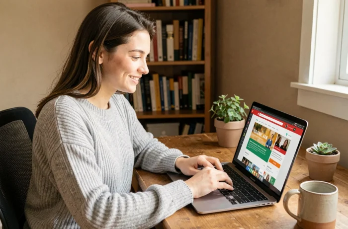 Jeune femme créant une cagnotte en ligne sur son ordinateur portable depuis un bureau à domicile