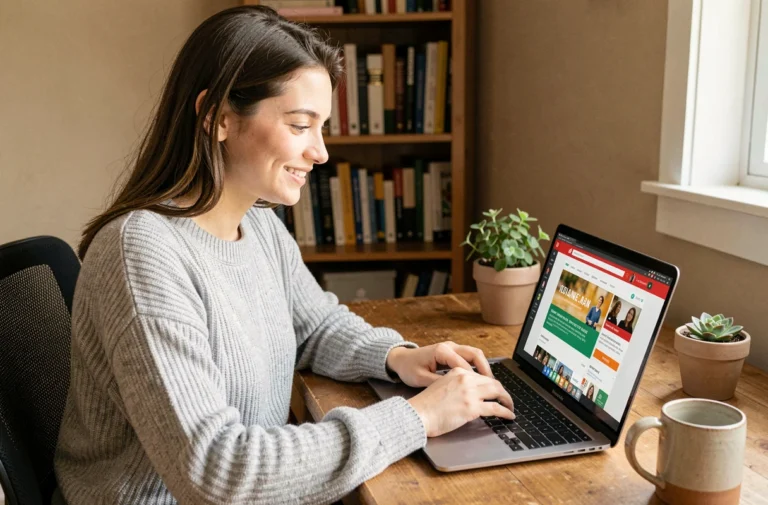 Jeune femme créant une cagnotte en ligne sur son ordinateur portable depuis un bureau à domicile