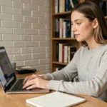 Femme développant un site web sur son ordinateur portable dans un bureau à domicile moderne