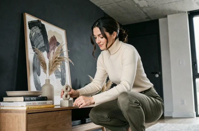 Femme aménageant une console décorative avec vases et livres dans un salon tendance aux murs anthracite