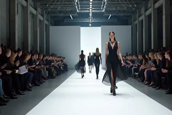 Défilé de mode en cours avec plusieurs mannequins marchant sur un podium dans une salle industrielle