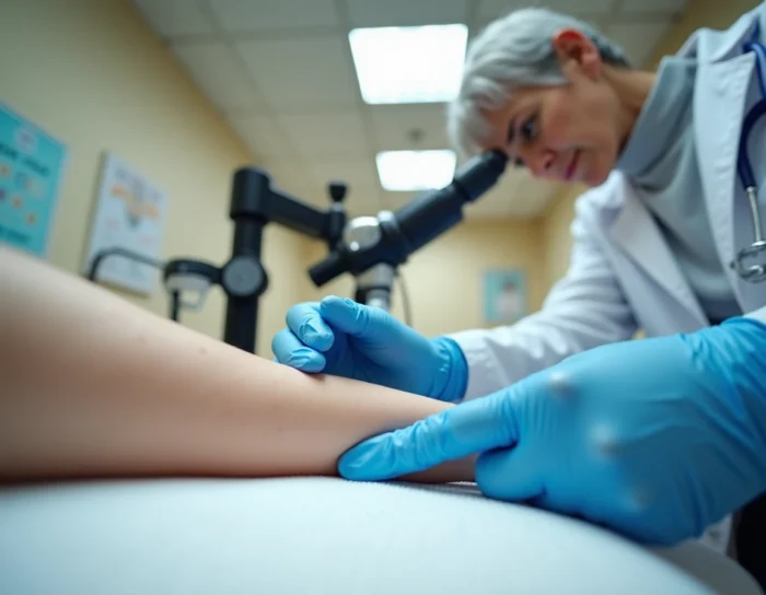 Dermatologue examinant la peau d'un patient au dermatoscope pour diagnostiquer une trichobactériose