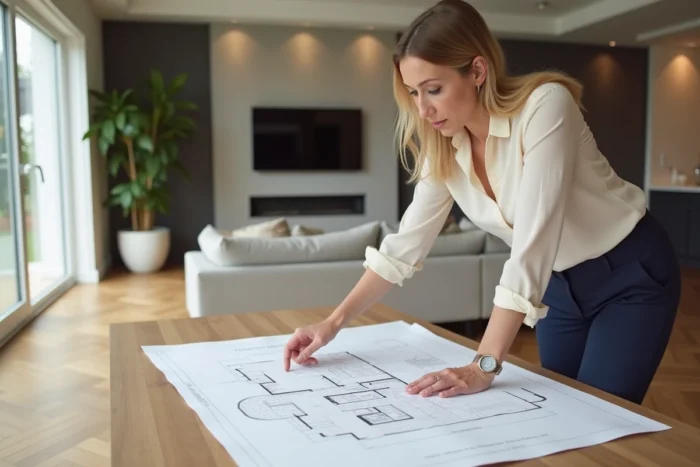 Designer d'intérieur étudiant les plans d'une maison clé en main dans un showroom