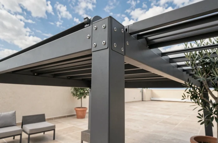 Détail architectural d'une pergola aluminium anthracite avec lames orientables et ciel bleu en arrière-plan