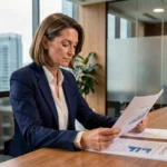 Femme dirigeante d'entreprise analysant des rapports de croissance dans un bureau moderne avec vue sur la ville