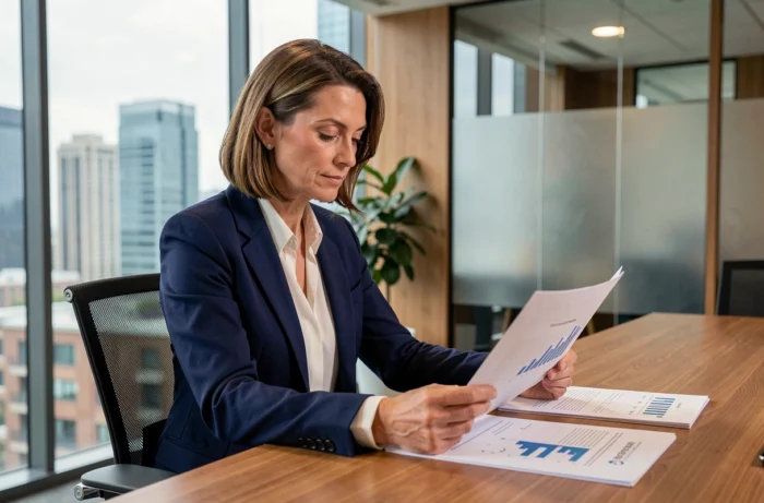 Femme dirigeante d'entreprise analysant des rapports de croissance dans un bureau moderne avec vue sur la ville