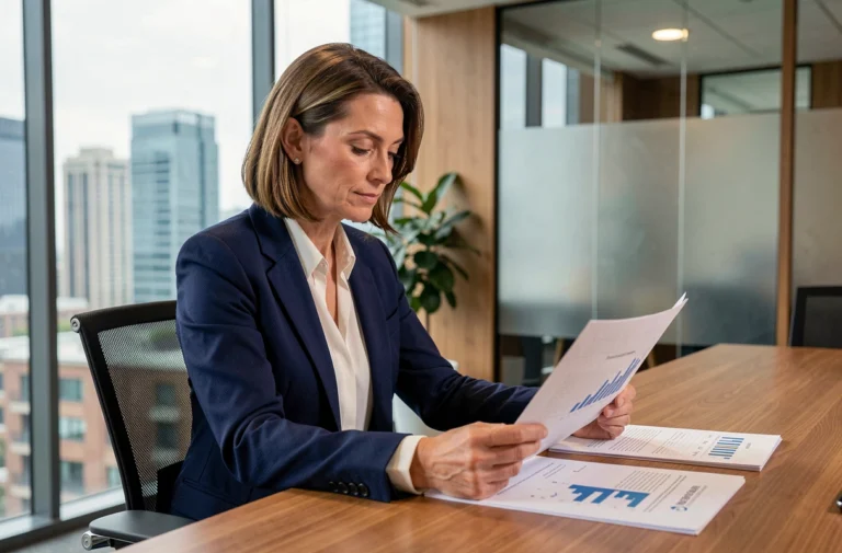 Femme dirigeante d'entreprise analysant des rapports de croissance dans un bureau moderne avec vue sur la ville