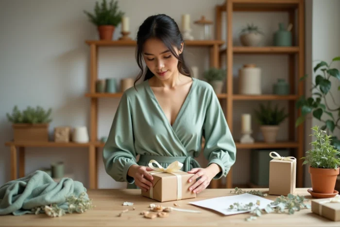Jeune femme emballant un cadeau de baptême avec ruban ivoire et décoration en eucalyptus dans un atelier artisanal