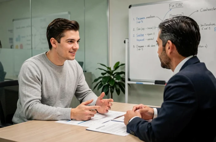 Young entrepreneur in strategic consultation with a consultant specialized in business development