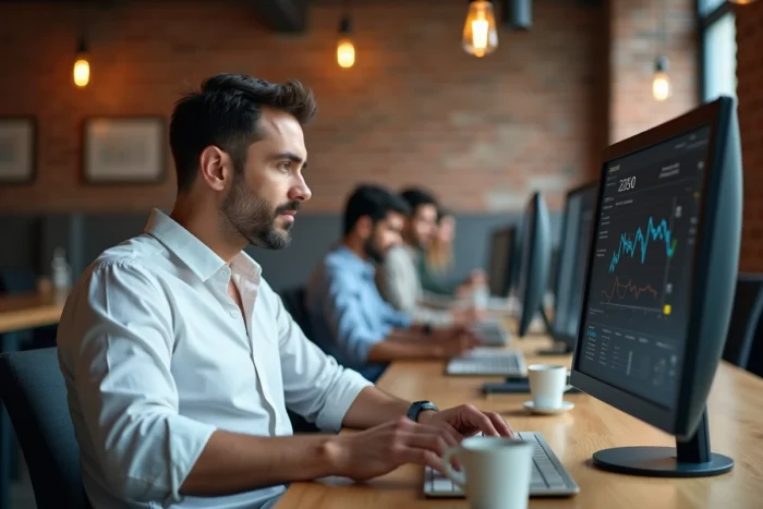 Entrepreneur concentré analysant des données business sur des écrans dans un espace de coworking moderne
