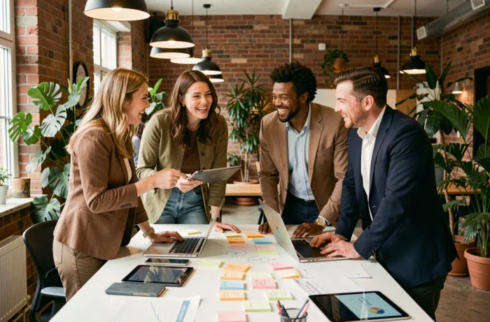 Professional team in a collaborative brainstorming session in a modern coworking space