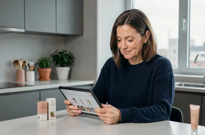 Femme d'âge mûr achetant des cosmétiques en ligne sur une tablette dans une cuisine moderne contemporaine
