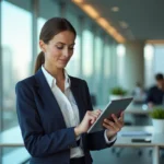 Femme d'affaires professionnelle en blazer marine consultant une tablette dans un bureau moderne avec vue sur la ville