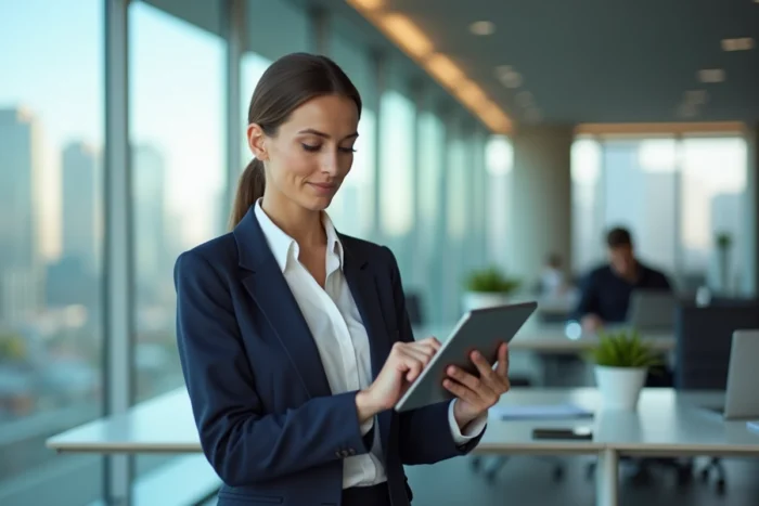 Femme d'affaires professionnelle en blazer marine consultant une tablette dans un bureau moderne avec vue sur la ville