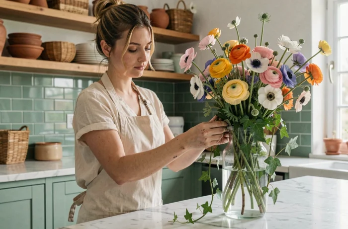 Femme arrangeant des fleurs sauvages dans un vase en verre sur un plan de travail en marbre dans une cuisine méditerranéenne