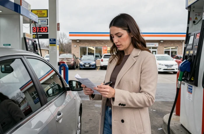 Femme remplissant un chèque à la pompe d'une station-service