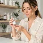 Femme examinant un sérum de soin de la peau sur une coiffeuse minimaliste avec des produits cosmétiques organisés