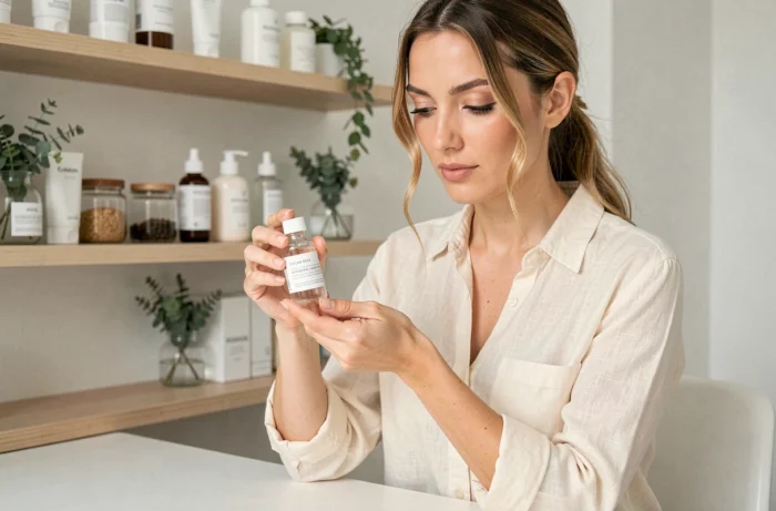 Femme examinant un sérum de soin de la peau sur une coiffeuse minimaliste avec des produits cosmétiques organisés