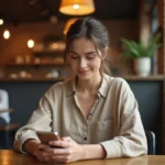 Jeune femme consultant des stories Instagram sur son smartphone dans un café, illustrant la navigation anonyme sur les réseaux sociaux