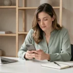 Femme contactant une chaîne santé bien-être par téléphone depuis son bureau à domicile