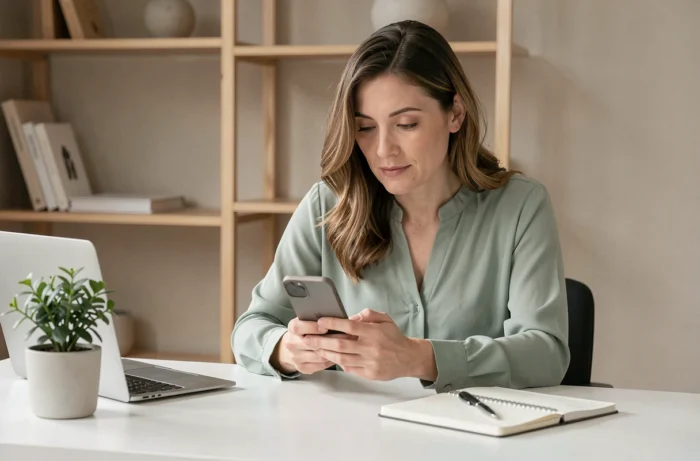 Femme contactant une chaîne santé bien-être par téléphone depuis son bureau à domicile