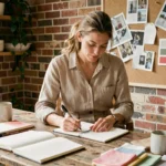 Femme créative dans la trentaine travaillant à son bureau en bois avec carnets et inspirations, dans un studio artisanal chaleureux