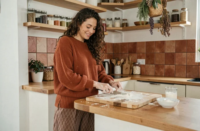 Jeune femme créative en pull en laine préparant une recette maison dans une cuisine moderne aux accents terracotta