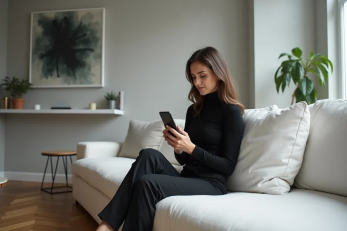 Femme élégante consultant son téléphone sur un canapé design dans un salon minimaliste contemporain