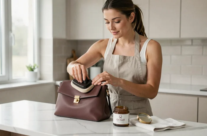 Femme entretenant un sac en cuir cognac avec du fiel de bœuf sur un plan de travail en marbre dans une cuisine moderne