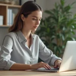 Femme remplissant un formulaire en ligne sur un ordinateur portable dans un bureau à domicile moderne