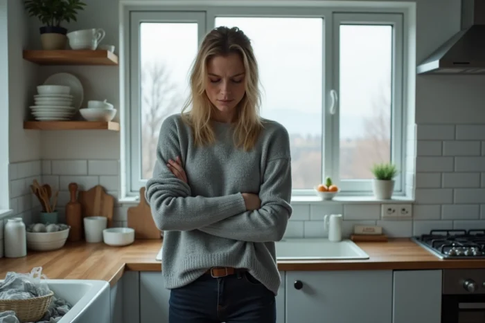Femme frustrée dans une cuisine domestique illustrant un tempérament irritable au quotidien