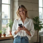 Jeune femme française tenant un smartphone dans un appartement parisien moderne, ambiance éditoriale naturelle
