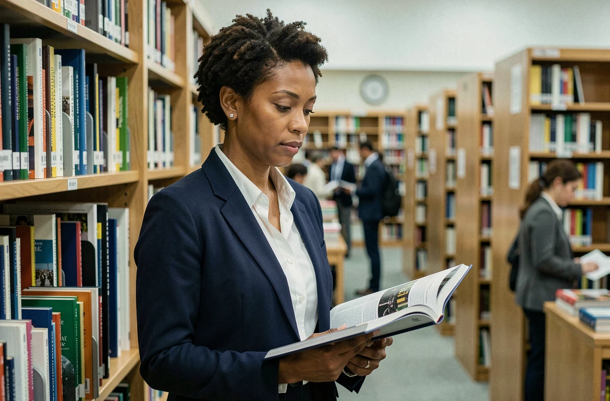 Femme engagée lisant une revue indépendante dans une bibliothèque publique pour s'informer et agir