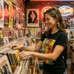 Jeune femme parcourant des vinyles dans un magasin de disques rempli d'affiches de pop culture et de souvenirs rétro