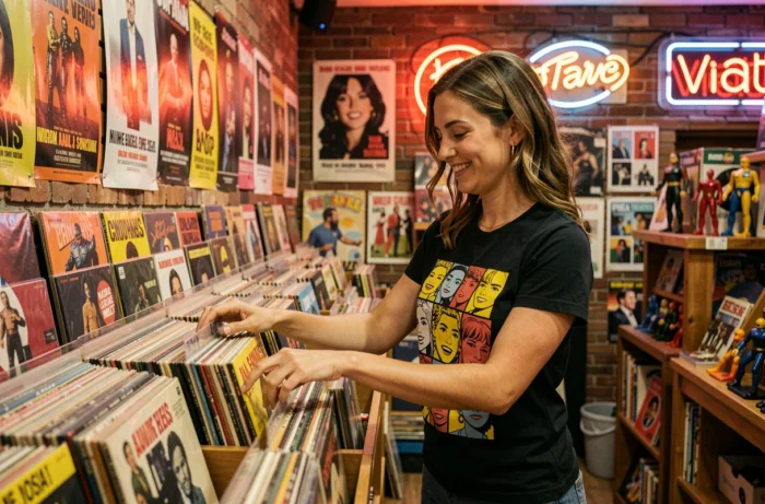 Jeune femme parcourant des vinyles dans un magasin de disques rempli d'affiches de pop culture et de souvenirs rétro