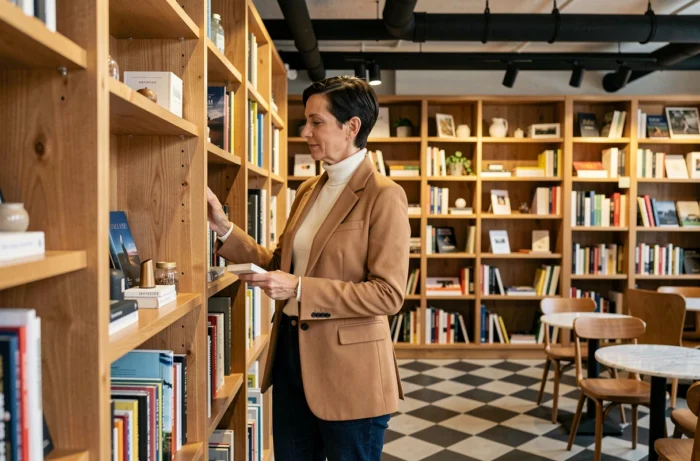 Femme moderne et élégante feuilletant des livres dans une librairie-café indépendante au décor chaleureux