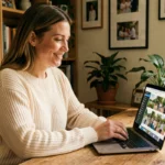 Femme partageant des photos d'événement en ligne depuis son bureau à domicile