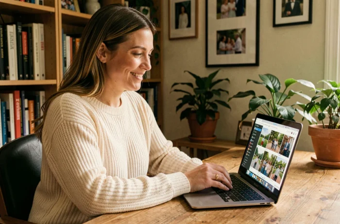 Femme partageant des photos d'événement en ligne depuis son bureau à domicile
