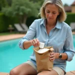 Femme versant du percarbonate de soude dans un doseur au bord d'une piscine extérieure pour réguler le pH
