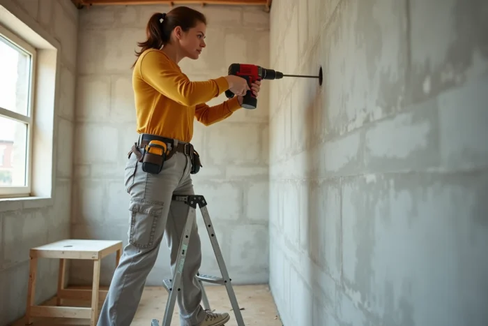 Femme utilisant un perforateur sur un mur en béton cellulaire lors de travaux de rénovation intérieure