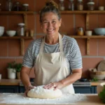 Femme préparant de la pâte à pain dans une cuisine familiale chaleureuse avec ustensiles en bois et herbes fraîches