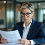 Femme professionnelle consultant un contrat administratif dans un bureau moderne, illustrant la compréhension du contrat a500
