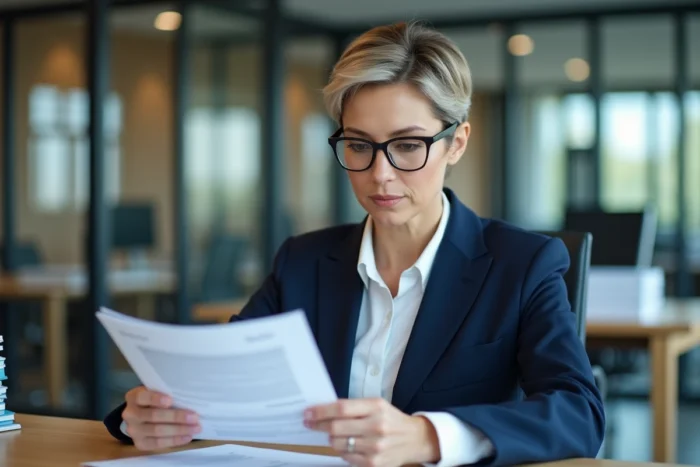 Femme professionnelle consultant un contrat administratif dans un bureau moderne, illustrant la compréhension du contrat a500