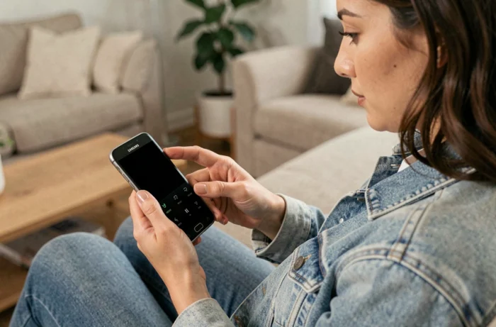 Femme appuyant sur les boutons d'un Samsung pour corriger un écran noir dans un salon moderne